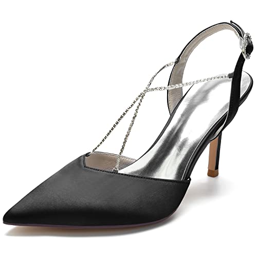 GYYZAYH Damen Slip-on Hochzeit Braut High Heels Spitz Closed Toe Court Schuhe Slingback Satin Party Abend Prom Schuhe,Schwarz,40 EU von GYYZAYH