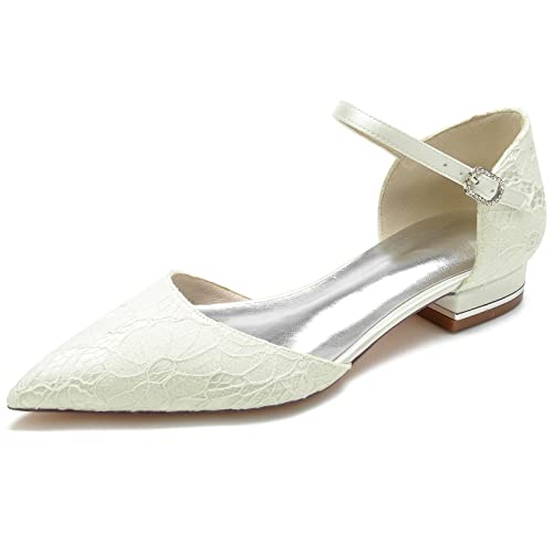 GYYZAYH Damen Spitze Knöchelriemen Ballerinas D'Orsay Spitze Zeh Abschlussball Abend Hochzeit Party Weiß Brautschuhe,Elfenbein,40 EU von GYYZAYH