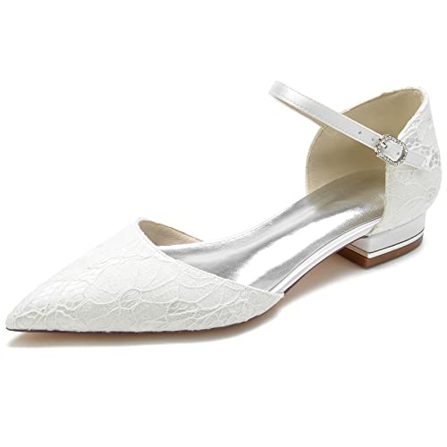 GYYZAYH Damen Spitze Knöchelriemen Ballerinas D'Orsay Spitze Zeh Abschlussball Abend Hochzeit Party Weiß Brautschuhe,Weiß,39 EU von GYYZAYH