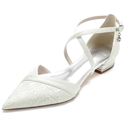 GYYZAYH Damen Spitze Kreuz Riemen Ballerinas D'Orsay Spitze Zehe Weiß Braut Flache Schuhe Formale Hochzeit Ballsandalen,Elfenbein,36 EU von GYYZAYH