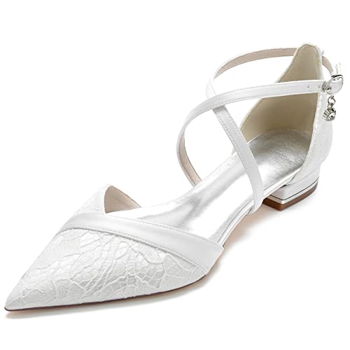 GYYZAYH Damen Spitze Kreuz Riemen Ballerinas D'Orsay Spitze Zehe Weiß Braut Flache Schuhe Formale Hochzeit Ballsandalen,Weiß,38 EU von GYYZAYH