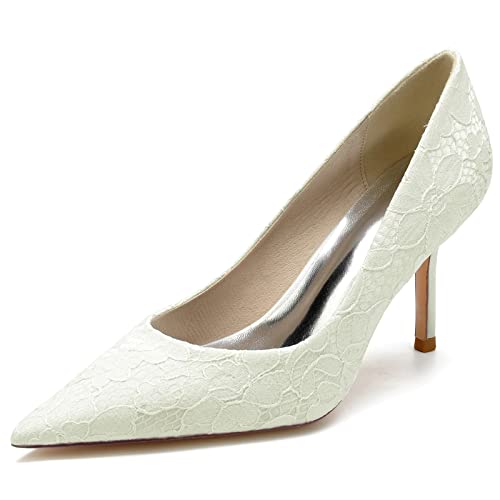 GYYZAYH Damen Spitze Zehen Satin Schnürschuhe für Braut Slip-on Stiletto High Heel Abend Abschlussball Party Kleid Schuhe,Elfenbein,36 EU von GYYZAYH