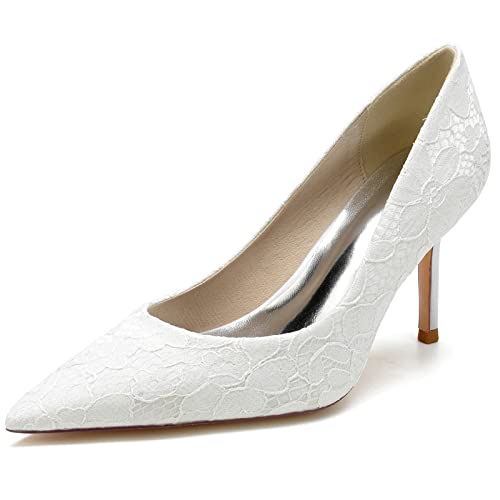 GYYZAYH Damen Spitze Zehen Satin Schnürschuhe für Braut Slip-on Stiletto High Heel Abend Abschlussball Party Kleid Schuhe,Weiß,37 EU von GYYZAYH