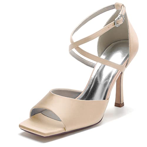 GYYZAYH Damen Square Toe Cross-Strap Sandalen Stiletto High Heel Satin Brautschuhe Hochzeitsfeier Abschlussball Kleid Schuhe,Champagne,40 EU von GYYZAYH