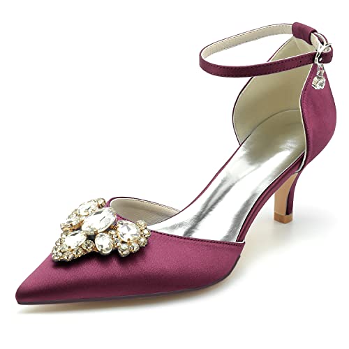 GYYZAYH Damen Strass Kitten Heels Für Braut Hochzeit Geschlossen Spitz Toe Abend Party Kleid Schuhe,Burgundy,41 EU von GYYZAYH