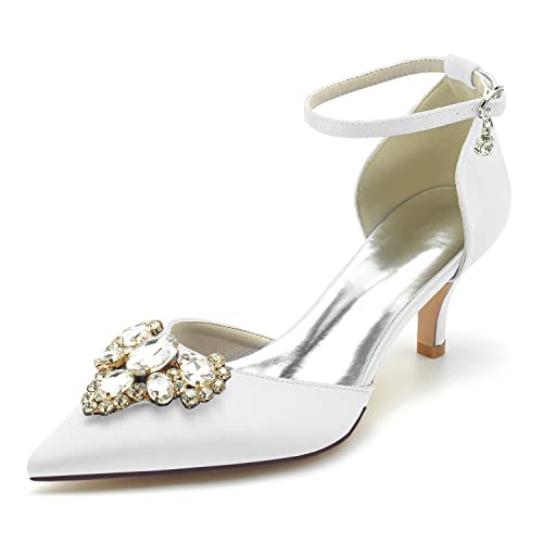 GYYZAYH Damen Strass Kitten Heels Für Braut Hochzeit Geschlossen Spitz Toe Abend Party Kleid Schuhe,Weiß,39 EU von GYYZAYH