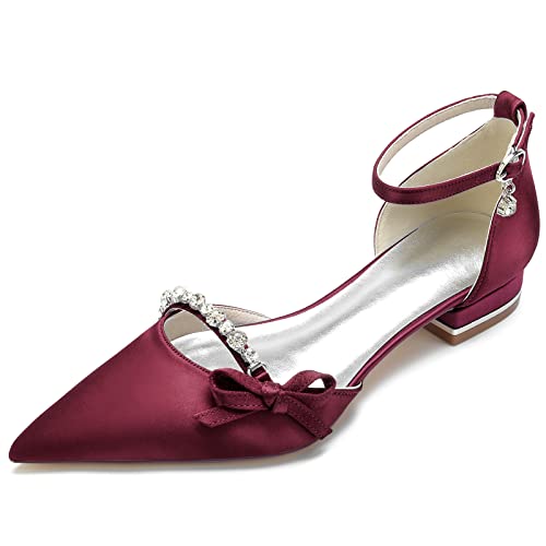 GYYZAYH Damen Strass Satin Hochzeit Brautschuhe Ballerinas Knöchelriemen Abschlussball Party Kleid Sandalen,Burgundy,39 EU von GYYZAYH