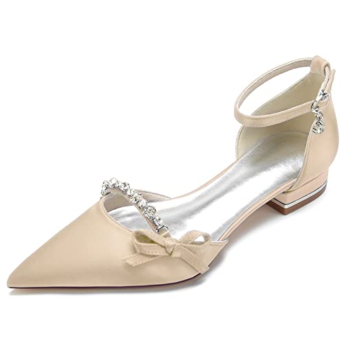 GYYZAYH Damen Strass Satin Hochzeit Brautschuhe Ballerinas Knöchelriemen Abschlussball Party Kleid Sandalen,Champagne,40 EU von GYYZAYH