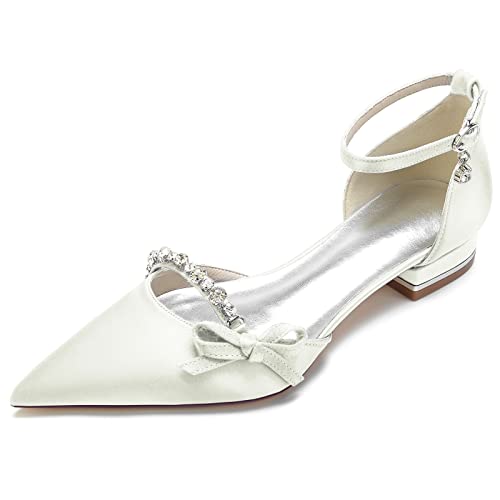 GYYZAYH Damen Strass Satin Hochzeit Brautschuhe Ballerinas Knöchelriemen Abschlussball Party Kleid Sandalen,Elfenbein,36 EU von GYYZAYH