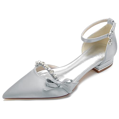 GYYZAYH Damen Strass Satin Hochzeit Brautschuhe Ballerinas Knöchelriemen Abschlussball Party Kleid Sandalen,Silber,43 EU von GYYZAYH