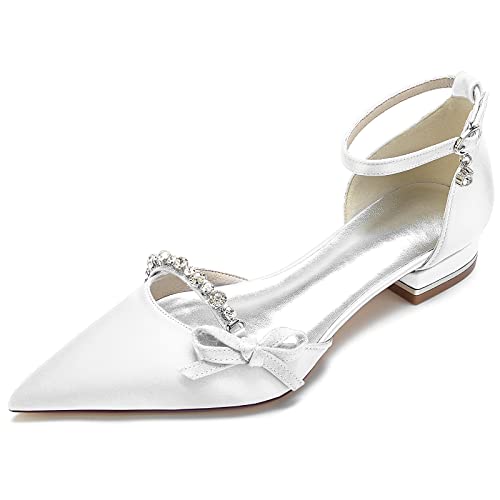 GYYZAYH Damen Strass Satin Hochzeit Brautschuhe Ballerinas Knöchelriemen Abschlussball Party Kleid Sandalen,Weiß,39 EU von GYYZAYH