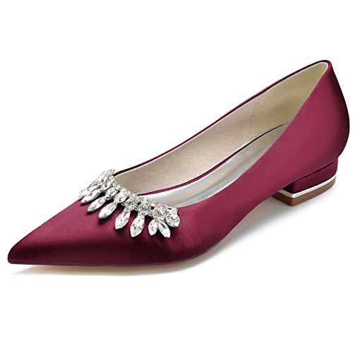 GYYZAYH Damen Strass Spitze Braut Ballerinas Schuhe Slip-on Satin Ballerinas Schuhe Weiß Hochzeitsschuhe,Burgundy,36 EU von GYYZAYH