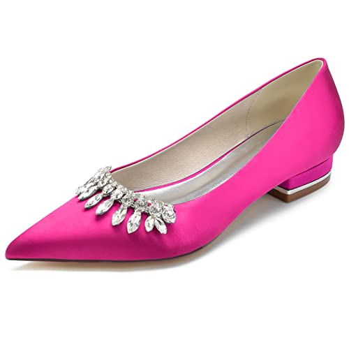 GYYZAYH Damen Strass Spitze Braut Ballerinas Schuhe Slip-on Satin Ballerinas Schuhe Weiß Hochzeitsschuhe,Fuchsia,37 EU von GYYZAYH