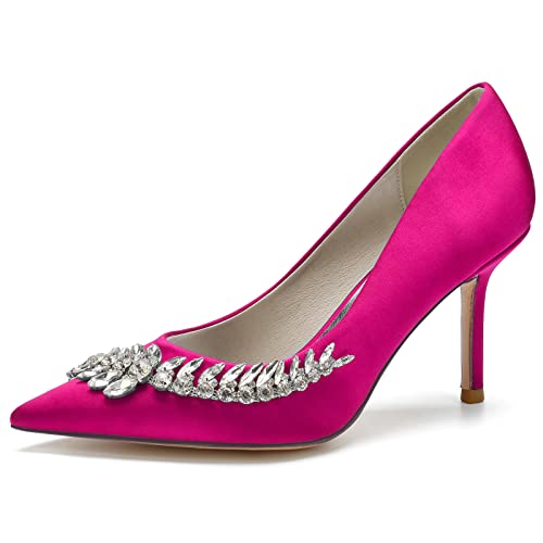 GYYZAYH Damen Strass Spitze Zehen Slip-On Brautschuhe geschlossene Spitze Spitze Stiletto Absatz Brautkleid Schuhe,Fuchsia,36 EU von GYYZAYH