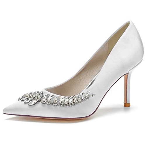 GYYZAYH Damen Strass Spitze Zehen Slip-On Brautschuhe geschlossene Spitze Spitze Stiletto Absatz Brautkleid Schuhe,Weiß,35 EU von GYYZAYH