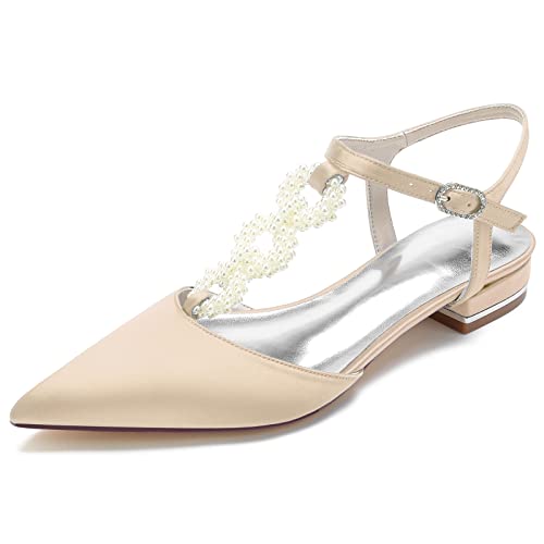 GYYZAYH Damen T Knöchelriemen Ballerinas Schuhe Satin Slingback Brautschuhe Perle Formelle Abschlussball Party Brautkleid Sandalen,Champagne,37 EU von GYYZAYH