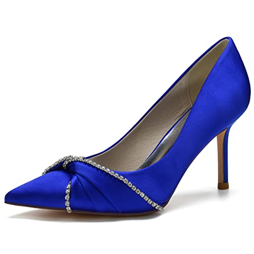 GYYZAYH Damen geschlossene Hochzeitsschuhe mit spitzer Zehenpartie Stilettos zum Hineinschlüpfen auf Brautparty Satin Pumps mit Schleifenknoten,Blau,38 EU von GYYZAYH