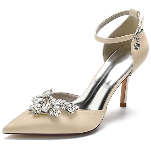 GYYZAYH Frauen Knöchelriemen Brautschuhe Strass High Heel Court Schuhe Satin Spitz Toe Brautkleid Pumps,Champagne,40 EU von GYYZAYH