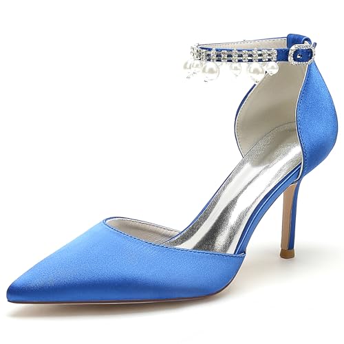 GYYZAYH Frauen Knöchelriemen Satin Brautschuhe Stiletto High Brautkleid Schuhe Spitz Toe Abend Party Pumps,Blau,39 EU von GYYZAYH