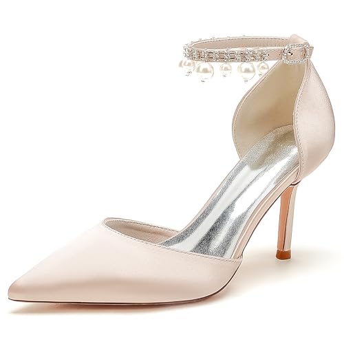 GYYZAYH Frauen Knöchelriemen Satin Brautschuhe Stiletto High Brautkleid Schuhe Spitz Toe Abend Party Pumps,Champagne,40 EU von GYYZAYH