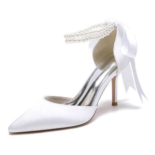 GYYZAYH Frauen Perle Knöchelriemen Hochzeit Kleid Schuhe Satin Stiletto High Heels für Braut Geschlossen Spitz Toe Court Schuhe,Weiß,39 EU von GYYZAYH