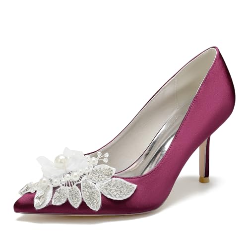 GYYZAYH Frauen Satin Braut Hochzeit Schuhe Slip auf Appliques Gericht Schuhe Stiletto Heeled Dinner Party Prom Kleid Schuhe,Burgundy,36 EU von GYYZAYH