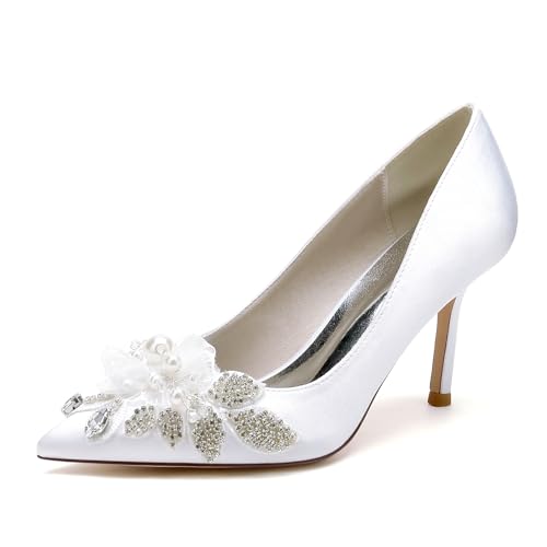 GYYZAYH Frauen Satin Braut Hochzeit Schuhe Slip auf Appliques Gericht Schuhe Stiletto Heeled Dinner Party Prom Kleid Schuhe,Weiß,35 EU von GYYZAYH