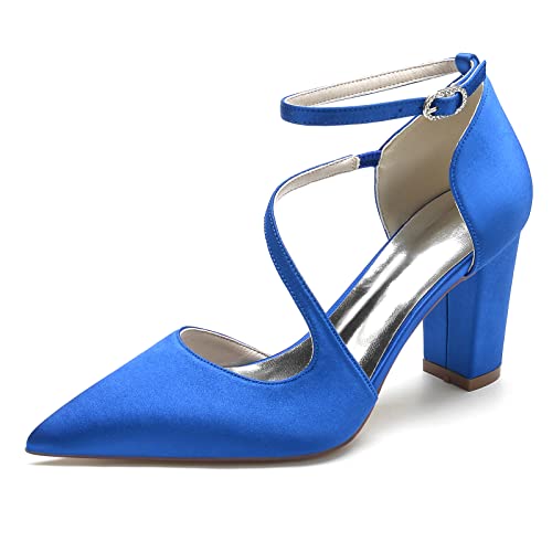 GYYZAYH Frauen Satin Geschlossene Zehe Hochzeit Schuhe Block Heel Brautschuhe Knöchelriemen Prom Party Kleid Schuhe,Blau,35 EU von GYYZAYH