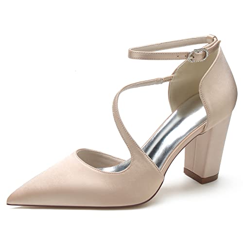 GYYZAYH Frauen Satin Geschlossene Zehe Hochzeit Schuhe Block Heel Brautschuhe Knöchelriemen Prom Party Kleid Schuhe,Champagne,35 EU von GYYZAYH