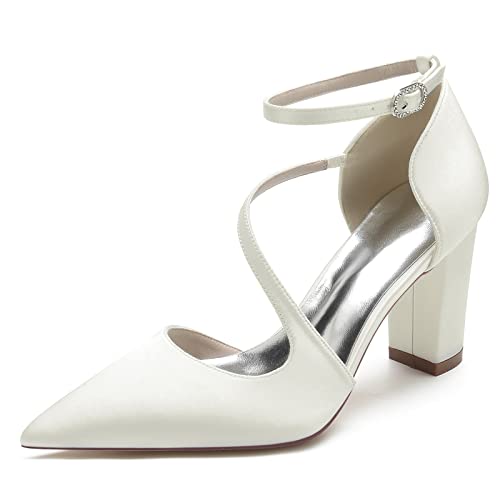 GYYZAYH Frauen Satin Geschlossene Zehe Hochzeit Schuhe Block Heel Brautschuhe Knöchelriemen Prom Party Kleid Schuhe,Elfenbein,42 EU von GYYZAYH