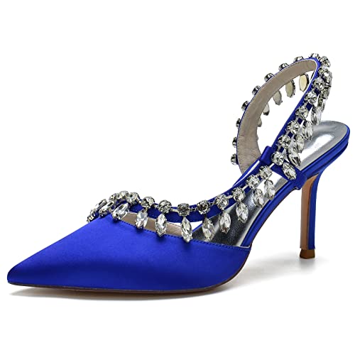 GYYZAYH Frauen Satin High Heel Braut Hochzeit Schuhe Strass Slingback Court Schuhe Abend Prom Kleid Pumps,Blau,36 EU von GYYZAYH