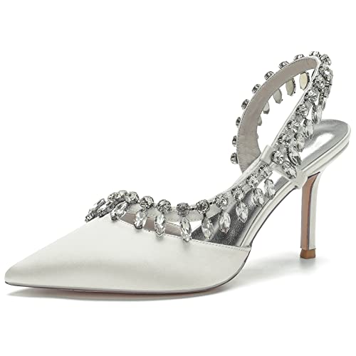 GYYZAYH Frauen Satin High Heel Braut Hochzeit Schuhe Strass Slingback Court Schuhe Abend Prom Kleid Pumps,Elfenbein,38 EU von GYYZAYH