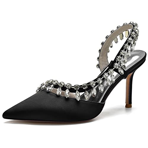 GYYZAYH Frauen Satin High Heel Braut Hochzeit Schuhe Strass Slingback Court Schuhe Abend Prom Kleid Pumps,Schwarz,41 EU von GYYZAYH