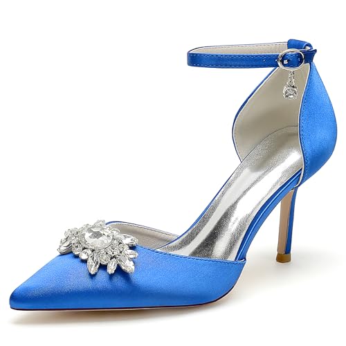 GYYZAYH Frauen Satin Hochzeit Brautschuhe Geschlossen Spitz Toe Court Schuhe Abend Prom Party Pumps mit Knöchelriemen Schnalle.,Blau,35 EU von GYYZAYH