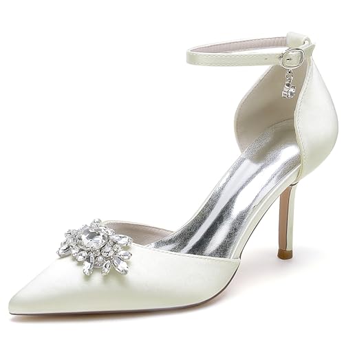 GYYZAYH Frauen Satin Hochzeit Brautschuhe Geschlossen Spitz Toe Court Schuhe Abend Prom Party Pumps mit Knöchelriemen Schnalle.,Elfenbein,38 EU von GYYZAYH