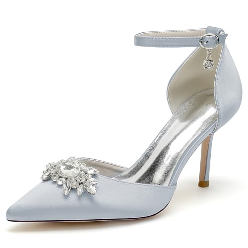 GYYZAYH Frauen Satin Hochzeit Brautschuhe Geschlossen Spitz Toe Court Schuhe Abend Prom Party Pumps mit Knöchelriemen Schnalle.,Silber,40 EU von GYYZAYH