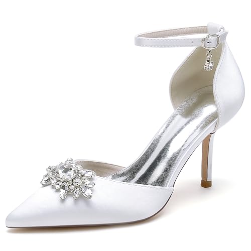 GYYZAYH Frauen Satin Hochzeit Brautschuhe Geschlossen Spitz Toe Court Schuhe Abend Prom Party Pumps mit Knöchelriemen Schnalle.,Weiß,38 EU von GYYZAYH