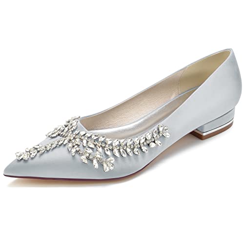 GYYZAYH Frauen Slip-on Satin Brautschuhe Strass Ballerinas Schuhe Nah Zehen Hochzeit Party Kleid Pumps,Silber,41 EU von GYYZAYH