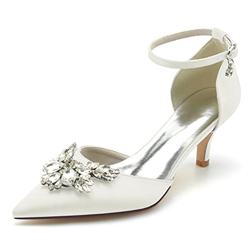 GYYZAYH Frauen Strass Satin Hochzeit Schuhe Mid Kitten Heel Court Schuhe Knöchelriemen Spitz Toe Brautschuhe,Elfenbein,41 EU von GYYZAYH