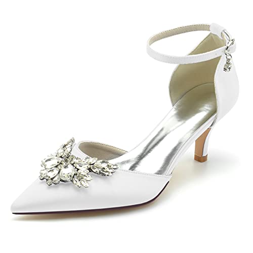 GYYZAYH Frauen Strass Satin Hochzeit Schuhe Mid Kitten Heel Court Schuhe Knöchelriemen Spitz Toe Brautschuhe,Weiß,36 EU von GYYZAYH