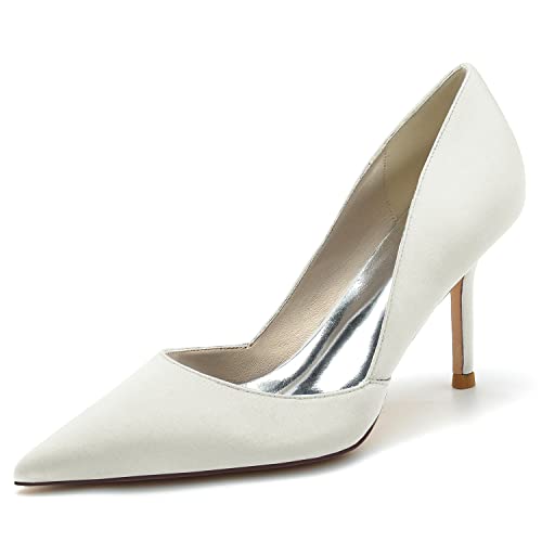 GYYZAYH Slip-On Pumps Klassische Spitze Zehenpartie Stilettos High Heel Elegante Satin Büroschuhe Hochzeit Brautsandalen,Elfenbein,35 EU von GYYZAYH