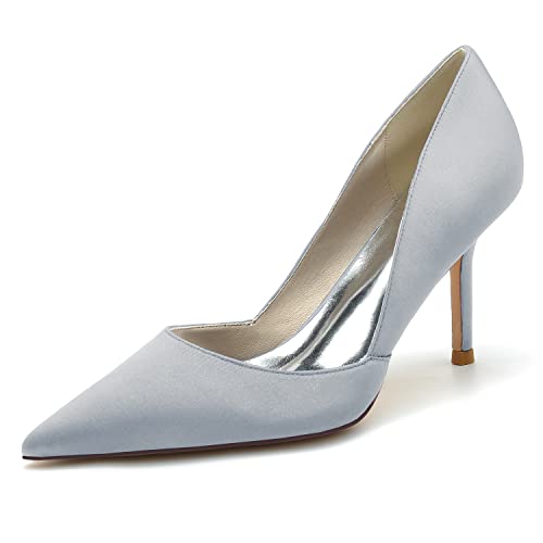 GYYZAYH Slip-On Pumps Klassische Spitze Zehenpartie Stilettos High Heel Elegante Satin Büroschuhe Hochzeit Brautsandalen,Silber,37 EU von GYYZAYH