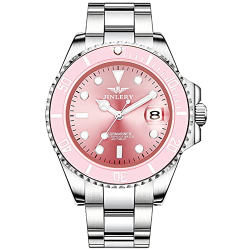 GZFCMY JINLERY Herren Automatische Selbstaufziehung Mechanische Edelstahl Silikon Business Armbanduhr Saphir Kristall Wasserdicht Casual Uhr Kalender Leuchtend, J9052g4 Silber Pink von GZFCMY