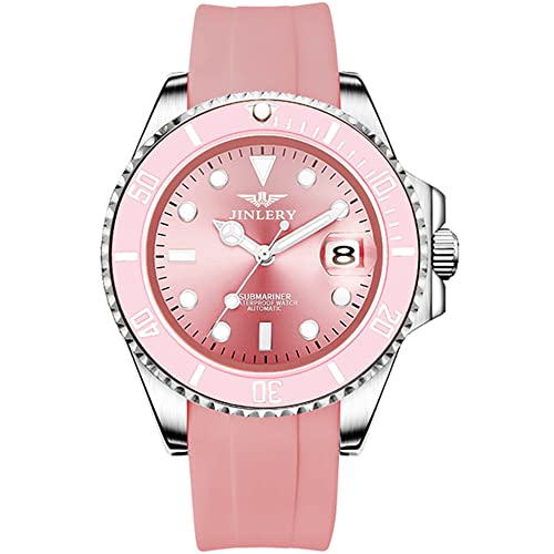 GZFCMY JINLERY Herren Automatische Selbstaufziehung Mechanische Edelstahl Silikon Business Armbanduhr Saphir Kristall Wasserdicht Casual Uhr Kalender Leuchtend, J9052j4 Pink von GZFCMY