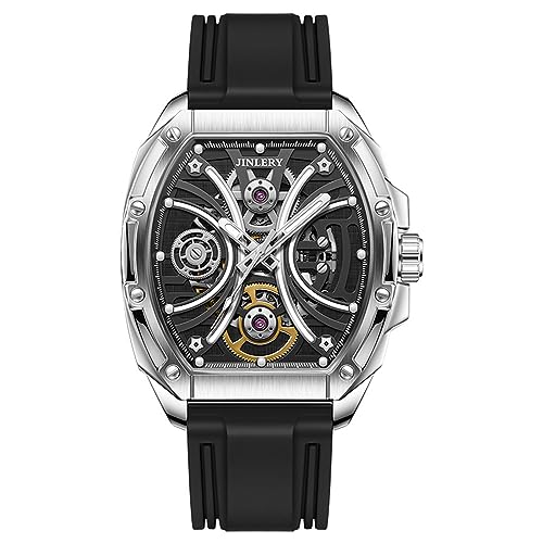 GZFCMY JINLERY Skelett Automatische Selbstaufzug Männer Tonneau Armbanduhr Stahl Silikon Saphir Kristall Wasserdicht Kinetische Energiereserve Uhr Mann Hohl Leuchtende Mechanische Armbanduhr, J9073j1 von GZFCMY