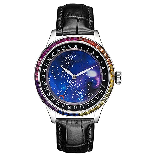 GZFCMY JINLERY Uhr Damen Herren Automatik Automatikaufzug Mechanisch Edelstahl Leder Sternenhimmel Karpfen Zifferblatt Saphirglas Wasserdicht Uhr Strass Lünette von GZFCMY