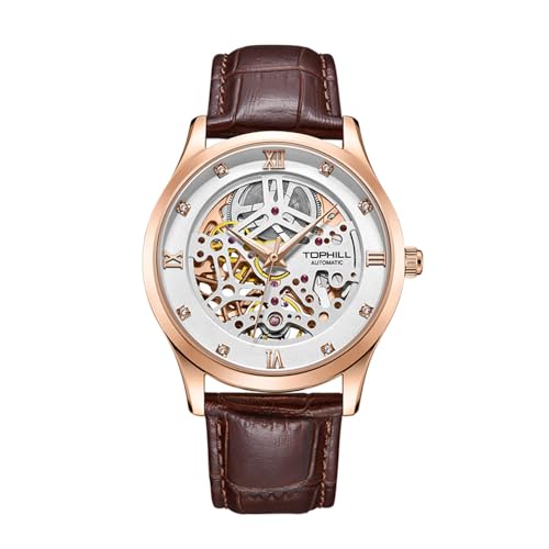 GZFCMY TOPHILL Skelett Strass Japanische Automatik Selbstaufzug Vintage Herren Mechanische Business Armbanduhr Stahl Echtes Leder Saphirglas Wasserdicht Hohluhr Leuchtend, Rosa, Weiß, Braun, Retro von GZFCMY