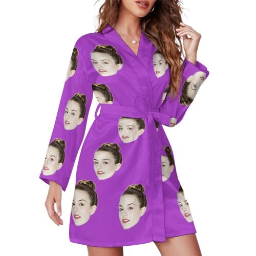 Benutzerdefinierte Pyjama mit Foto für Frauen, Nachthemd Sexy Kurz Robe mit Gürtel Volant, Personalisierter Foto-Pyjama mit lustigem Gesicht, für Frauen, Hochzeit, Party, Nachtwäsche, Kimono-Robe von GZYZXP