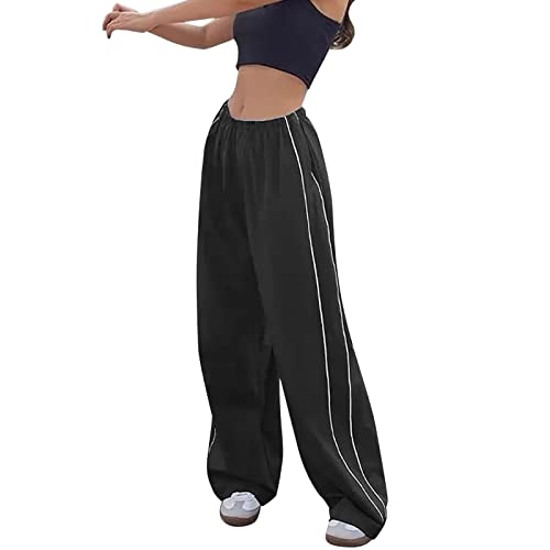 Fallschirmhosen Damen Baggy Cargohose y2-k Pants Teenager Weites Bein Track Pants Vintage Baggy Hosen für Frauen Streetwear Elastische Taille Parachute Pants Oversize Lose 90er E-Girl (Black, M) von GZYshoyao