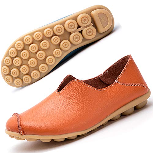 Gaatpot Mokassins Halbschuhe Damen Leder Barfußschuh Loafers Slip on Erbsenschuhe Fahren Flache Schuhe Sommer Slippers Schuhe Orange EU35=CN35 von Gaatpot